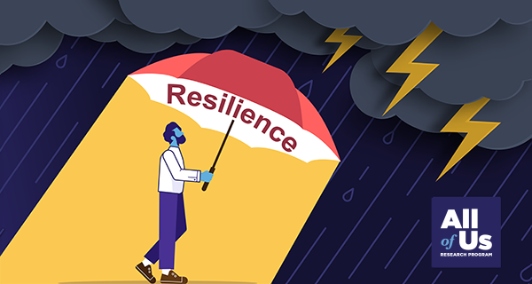 A cartoon illustration of a person walking with an umbrella in a rainstorm with lightening overhead. The umbrella is labeled “Resilience,” and under the umbrella the person walks in sunlight. Logo of the All of Us Research Program.